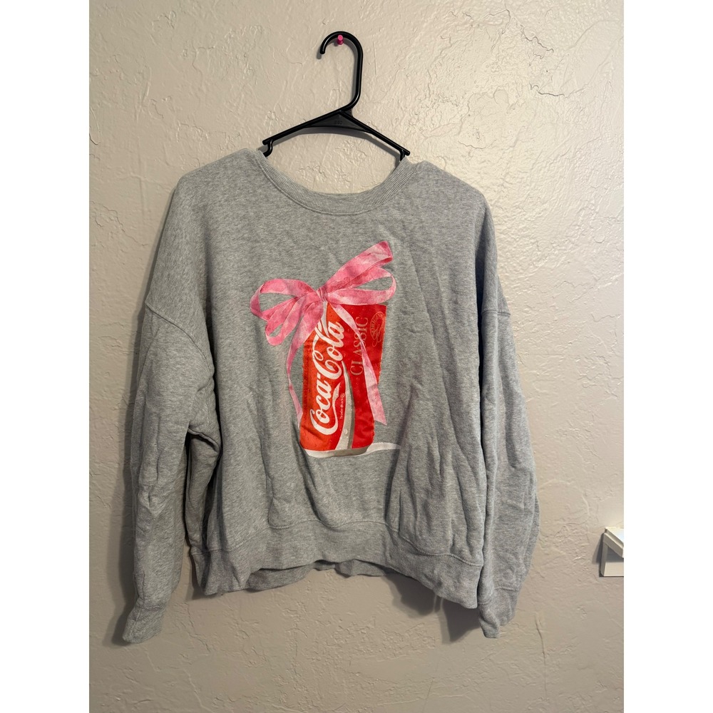 Coca-Cola Womens Graphic Sweatshirt Gray Pink Bow Coke Can Pullover Large